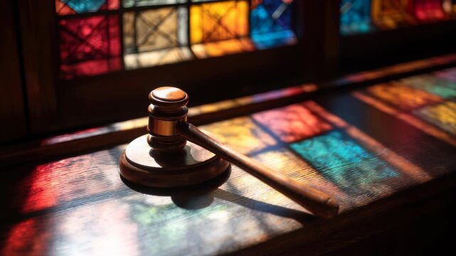 Resting Judge Gavel on Wooden Table with Colorful Sunlight Reflections from Stained Glass Window in Quiet Room
