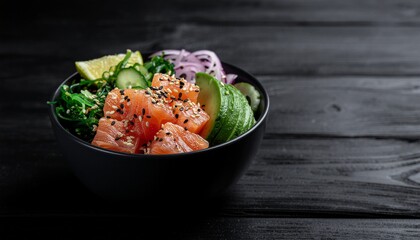 黒いボウルの彩りポケ丼と木目テーブル（4Kリアリスティック）／Colorful Poke Bowl on Wooden Table with Dark Copy Space (4K Realistic)
