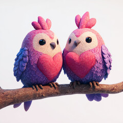 Two adorable cartoon birds share a heart on a branch
