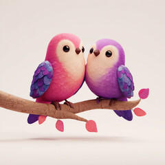 Two adorable fluffy cartoon birds perched on a small branch together