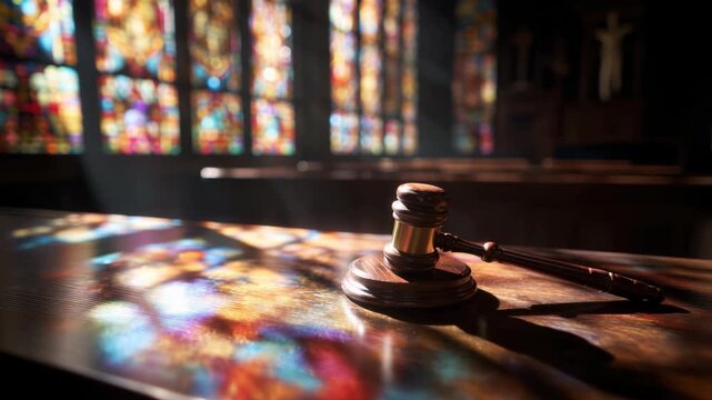 Resting Wooden Gavel on Sunlit Courtroom Table with Colorful Stained Glass Windows in Background