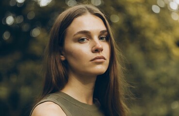 Natural Outdoor Female Portrait with Green Background and Calm Expression