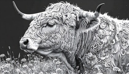 Ornate monochrome bull artwork standing amongst wildflowers; detailed, intricate rendering