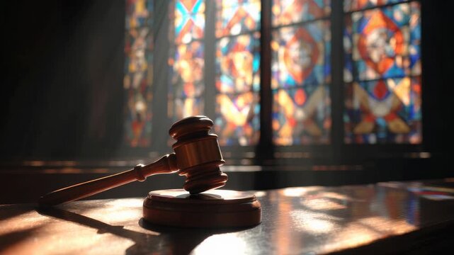 Resting Gavel on Wooden Table with Sunlight Streaming Through Colorful Stained Glass Windows in Quiet Room