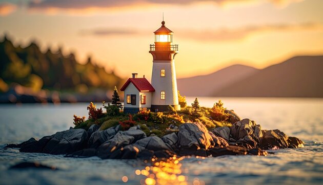 Pixelated Lighthouse Island Scene at Sunset Warm Golden Hour Light Reflecting on Water Surrounded by Hills and Trees Serene Coastal Landscape - Powered by Adobe