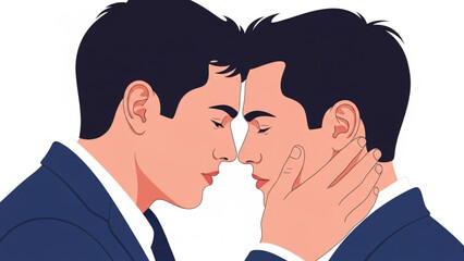 A tender moment shared between two men in a loving embrace with closed eyes