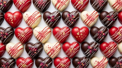 Valentines Day Heart Shaped Chocolates with Red and White Decorations in Flat Lay Pattern, Romantic Love Dessert Background for Couples and Gift Concept.