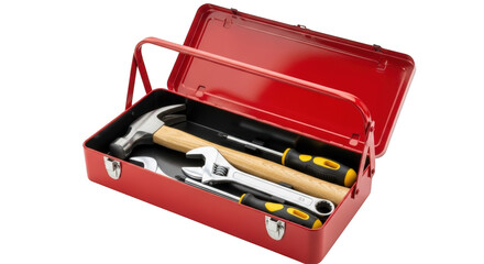 Red metal toolbox filled with assorted hand tools including a hammer adjustable wrench and screwdrivers