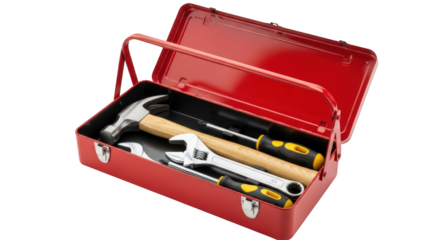 Red metal toolbox filled with assorted hand tools including a hammer adjustable wrench and screwdrivers