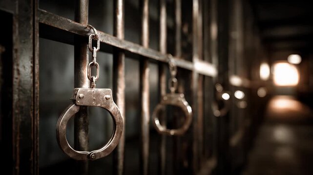 Focusing on Handcuffs Hanging Inside Dimly Lit Prison Cell with Sunlight Shining Through Bars