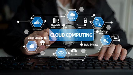 A businessperson studies cloud computing concepts, focusing on data privacy and storage, with visual icons enhancing the understanding of technological trends. Tessel