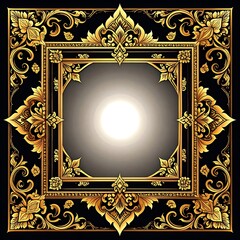 Ornate square border with golden floral pattern on black background, illuminated center glow, stylized, decorative art
