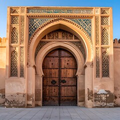 Ornate Moorish doorway, textured wall, aged wood door with metal studs. Soft sunlight and shadow