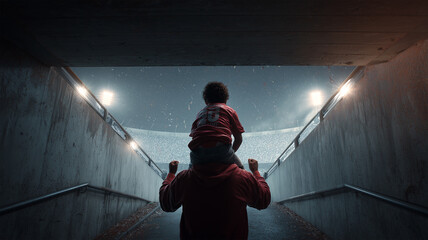 男性が試合前のトンネル脇で男児を肩車しピッチを見つめる夕刻