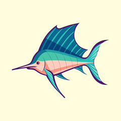 Obraz premium Colorful and stylized marlin fish swimming in the ocean water illustration