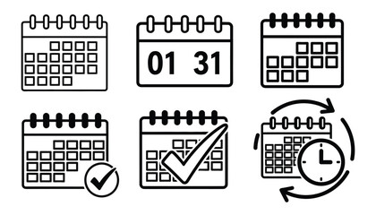 A collection of six calendar icons illustrating various scheduling and time management concepts including daily and monthly views reminders and recurring events