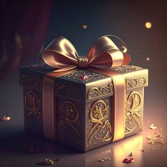 Ornate square gift box with golden ribbon and embellished surface. Shimmering light background with bokeh