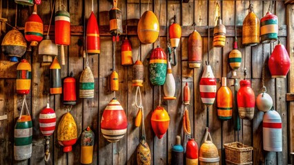 Collection of vintage nautical buoys hanging on a rustic wooden wall, a picturesque display of weathered maritime artifacts