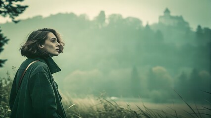 Moody Woman Portrait in Foggy Nature Landscape with Cinematic Feel