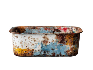 a rustic, colorful vintage metal tray with peeling, weathered paint and rust, positioned against a grey background. 
