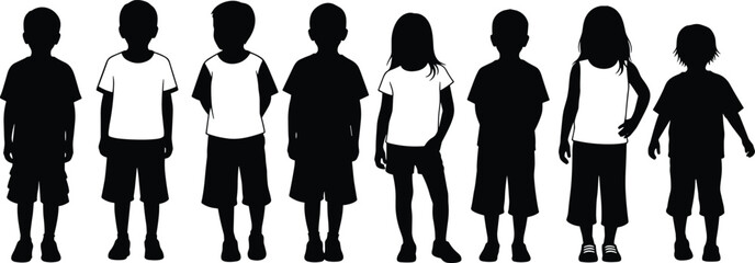 Children standing silhouette row, diverse kids lineup, black vector illustration, childhood development, group identity, education, growth, simple people concept