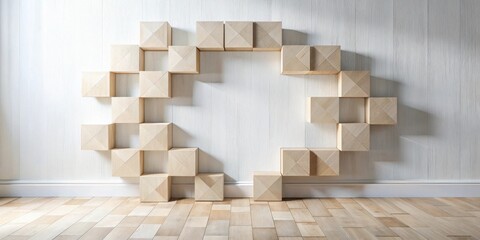 Modern Minimalist Wooden Cube Shelf Arrangement on Light Wall and Hardwood Floor
