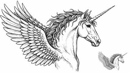 Detailed black and white drawing of a mythical winged unicorn head © Design