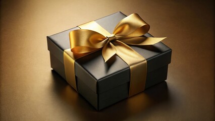 A luxuriously wrapped present, a dark box adorned with a radiant golden ribbon, symbolizes celebration and thoughtful gifting