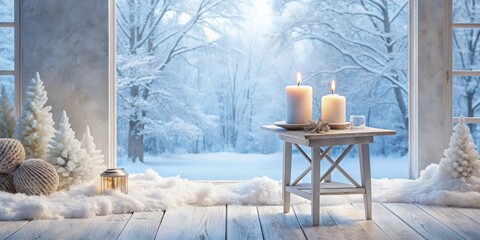 Serene Winter Solstice  Candles Glow on a Small Table by a Snowy Window