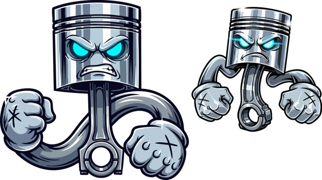 Cartoon angry engine pistons with glowing eyes and fists raised