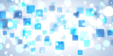 Abstract blue squares and circles on white background, bokeh effect, blurry light
