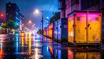Rainy Night Street Scene with Colorful Reflections and Industrial Containers in Urban Setting