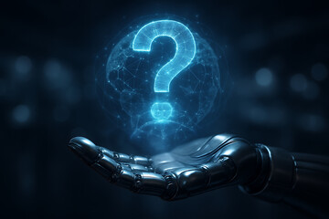 Robotic hand presenting glowing blue question mark in dark futuristic scene