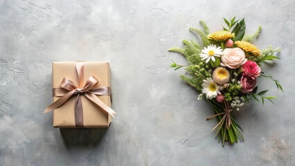 A thoughtfully wrapped gift and a vibrant bouquet of fresh flowers arranged on a neutral background