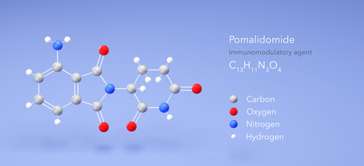 pomalidomide molecule, molecular structure, immunomodulatory agent 3d model, Structural Chemical Formula and Atoms with Color Coding