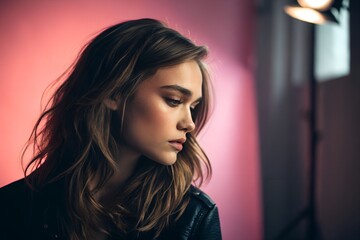 Studio Portrait of Person with Wavy Hair and Downward Gaze &ndash; Dramatic Lighting Against Pink-Purple Background