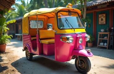 Colorful pink and yellow tuk-tuk auto rickshaw parked outdoors. This three-wheeled vehicle offers local transport, a symbol of Asian street life and travel adventure.