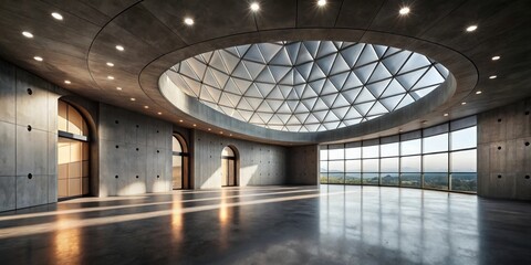 Modern Architectural Interior Design Spacious Hall with Panoramic Windows and Geometric Skylight