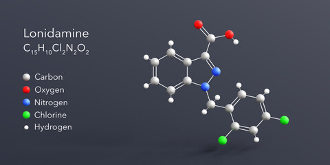 lonidamine molecule 3d rendering, flat molecular structure with chemical formula and atoms color coding