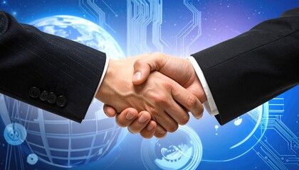 Successful business partnership with a handshake agreement on a digital abstract background, symbolizing global connectivity
