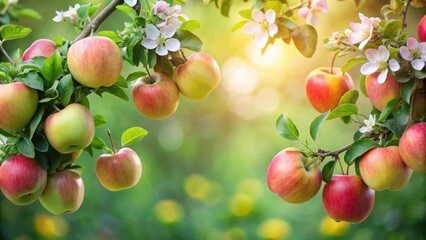 Lush Orchard Scene Vibrant Apples Ripening on Branches Adorned with Delicate Blossoms Under a Warm Sunny Sky