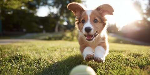 Puppy runs towards a tennis ball during a sunny day in the park
