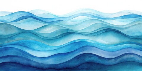 Serene Watercolor Ocean Waves A Tranquil Blue Abstract Background Featuring Layered Undulating Lines and Shades of Aqua, Teal, and Deep Blue for Design Projects