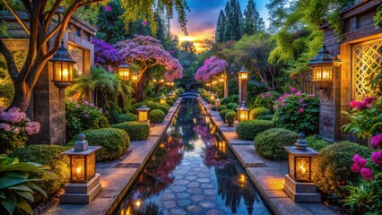 Serene Garden Pathway at Twilight, Illuminated by Glowing Lanterns, Reflecting in Still Water, Flanked by Lush Greenery and Vibrant Blossoms