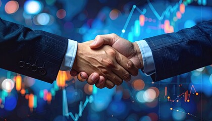 Two hands clasped in a firm handshake, a symbol of agreement, collaboration and successful business deal. The background features data related to finance