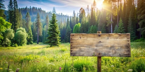 Rustic Wooden Signboard in a Verdant Meadow with a Forest Backdrop, Ideal for Nature-Themed Messages or Announcements