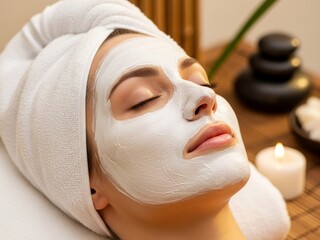 Tranquil Woman in White Clay Facial Mask Experiencing Deep Relaxation at a High-End Spa, Captured with Warm, Diffused Golden Hour Lighting.