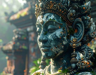 Ornate statue of a deity in profile, mossy and aged in a temple courtyard, bathed in soft light