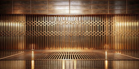Luxurious golden metallic wall paneling with geometric pattern and matching floor grating, ideal for modern interior design concepts