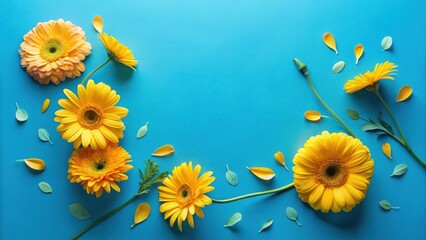 Vibrant Yellow Gerbera Daisies Arranged on a Bright Blue Background with Delicate Petals and Leaves Creating a Festive Floral Composition